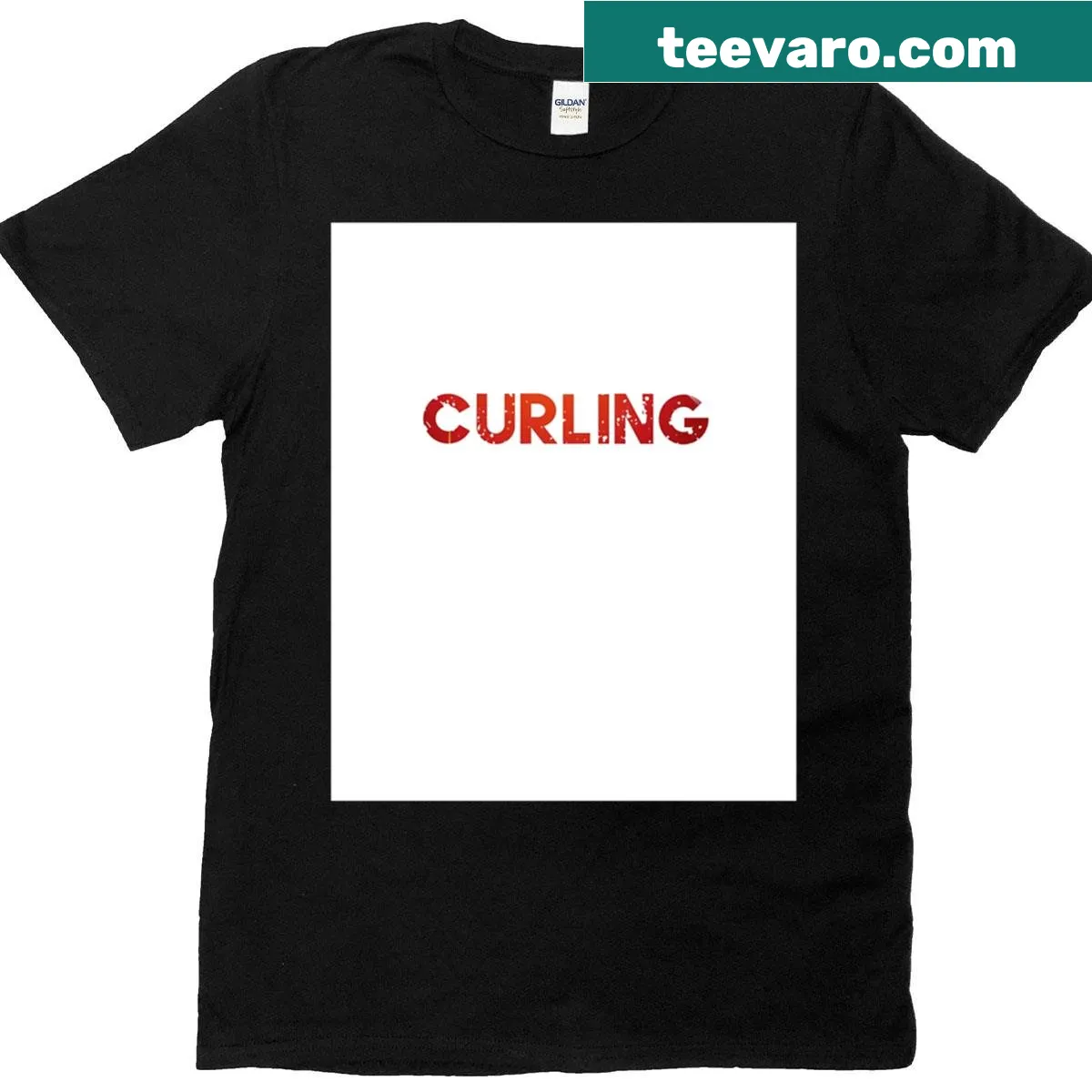 Playful curling graphic t-shirt featuring curling stones and brooms — on a men's t-shirt