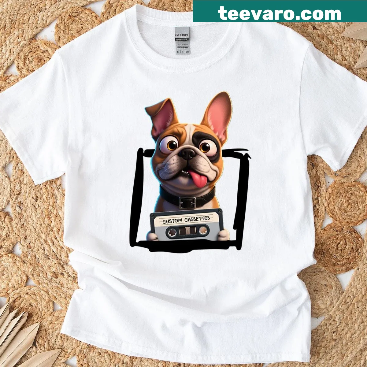 Custom Cassettes T-shirt featuring an adorable pug and cassette tapes — on a men's t-shirt