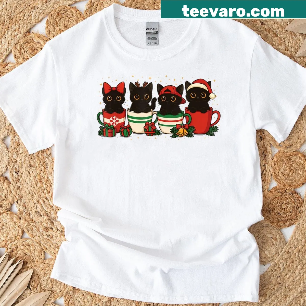 Cute black cats in Christmas attire t-shirt — on a men's t-shirt