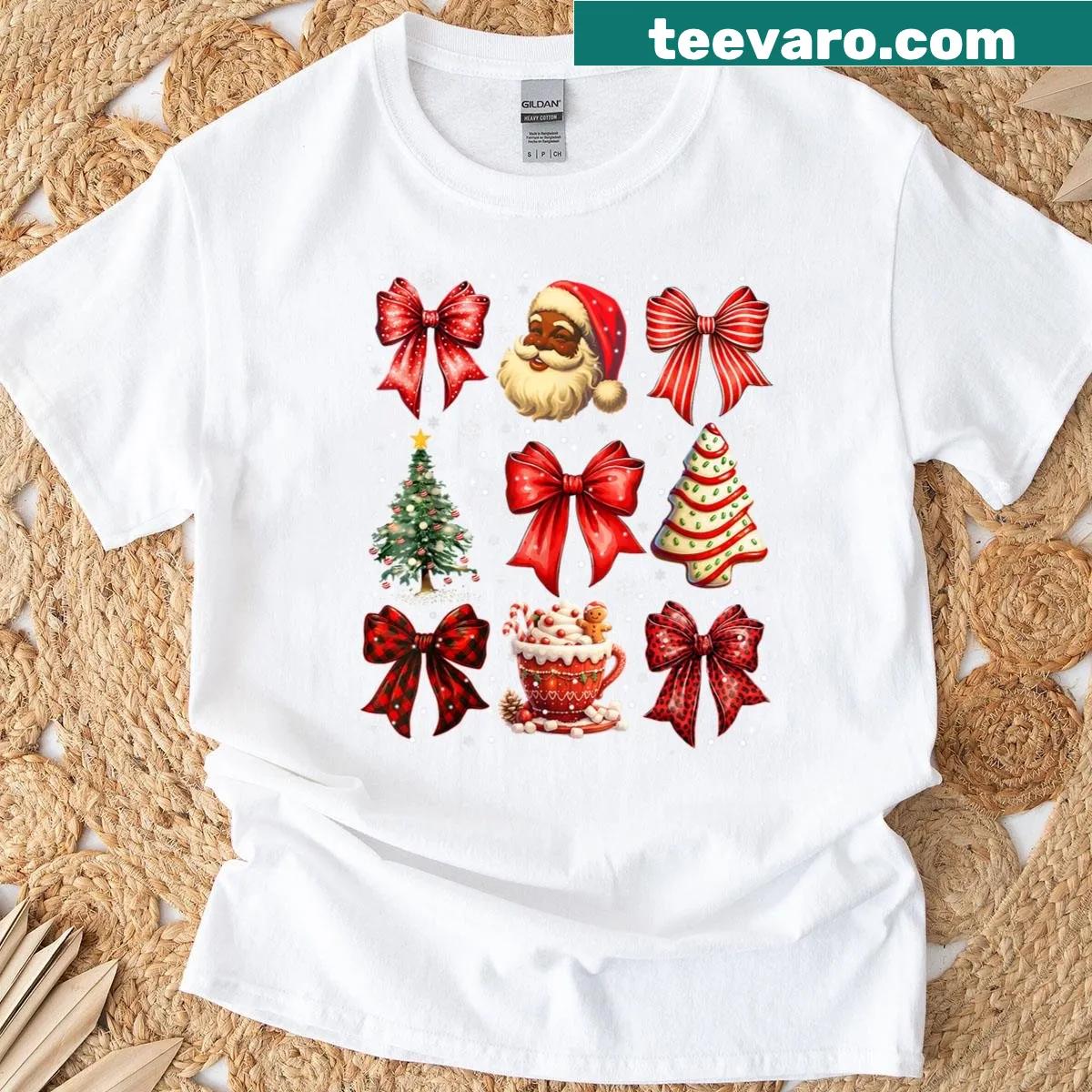 Cute Christmas t-shirt with Santa, tree, and cake design — on a men's t-shirt