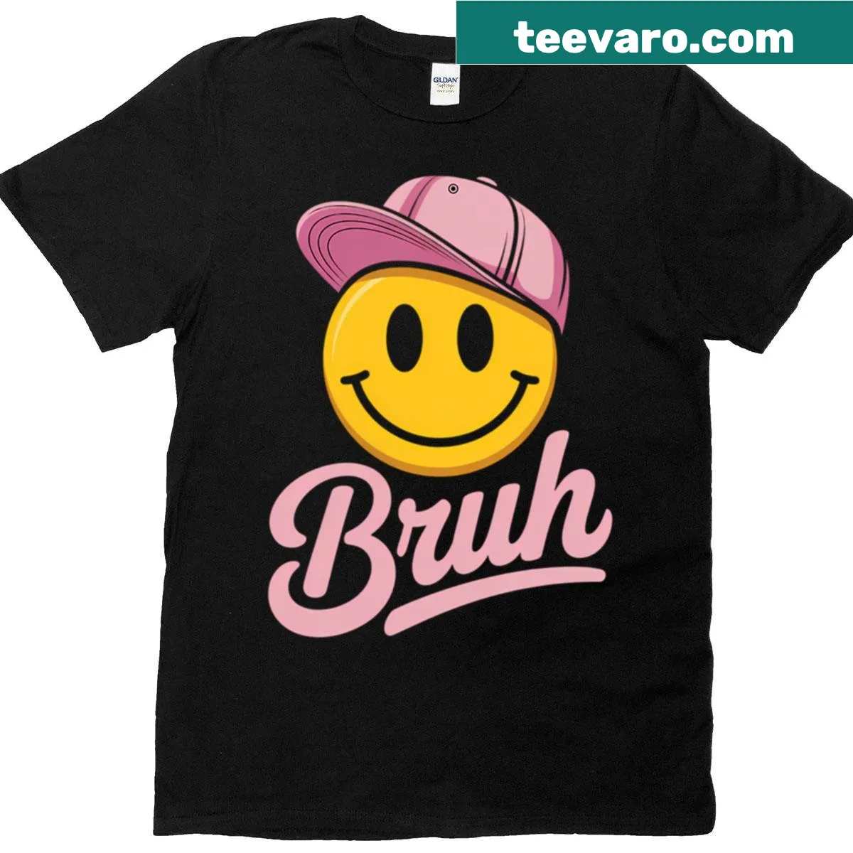 Funny T-shirt with a 70s style 'bruh' saying and smiley face — on a men's t-shirt