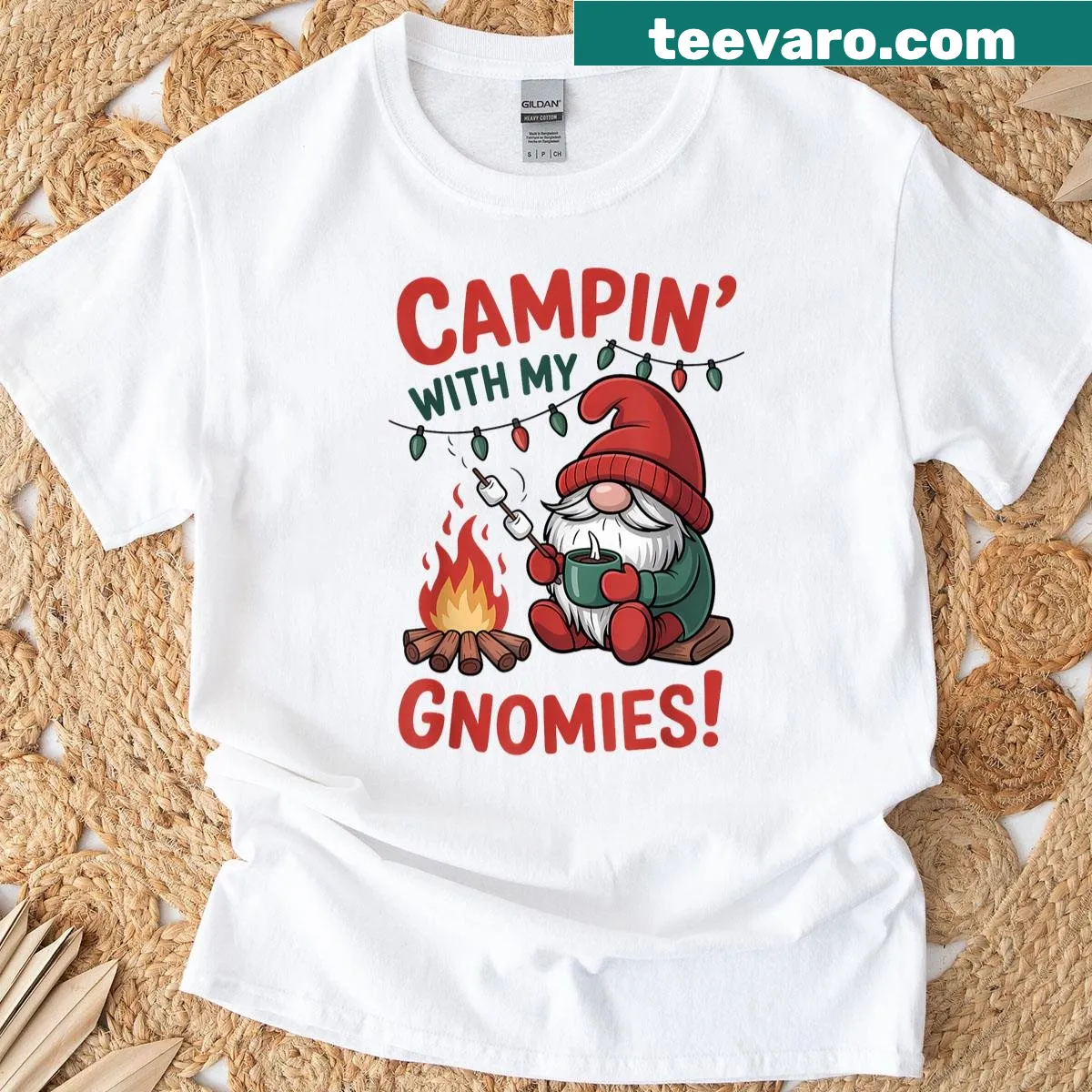 Cute camping gnome graphic on a Christmas T-shirt. — on a men's t-shirt