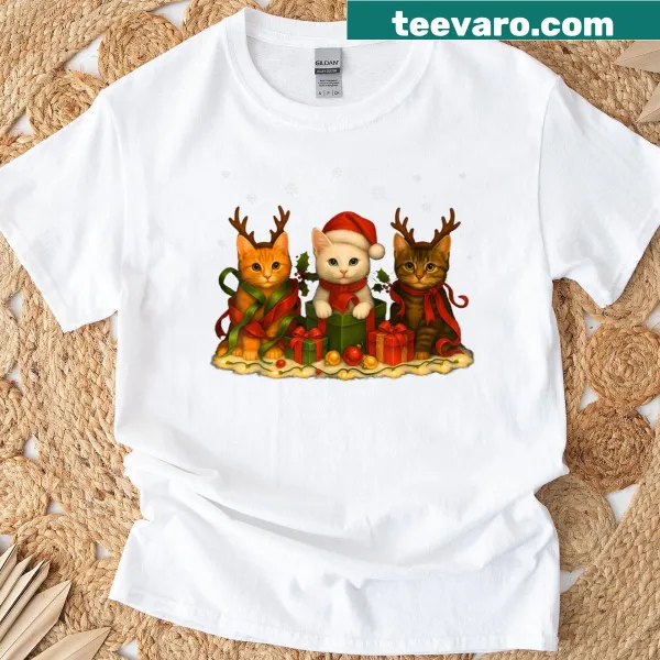 Cute Christmas cat with Santa and lights design on a T-shirt