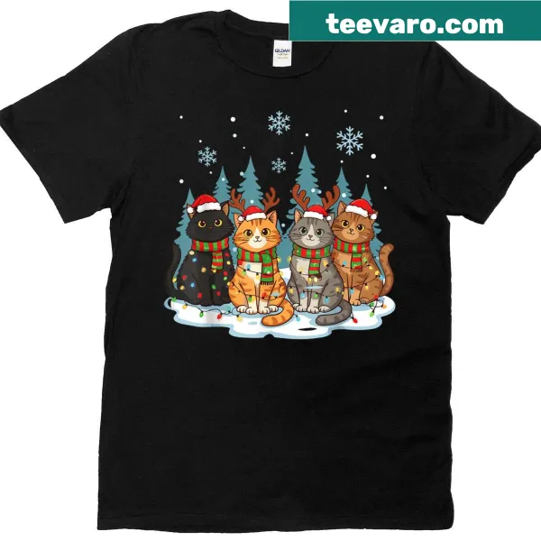Cartoon kittens with Christmas lights on a holiday t-shirt