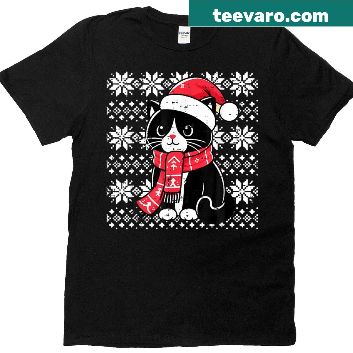 Cute Christmas t-shirt featuring a tuxedo cat in a Santa outfit — on a men's t-shirt