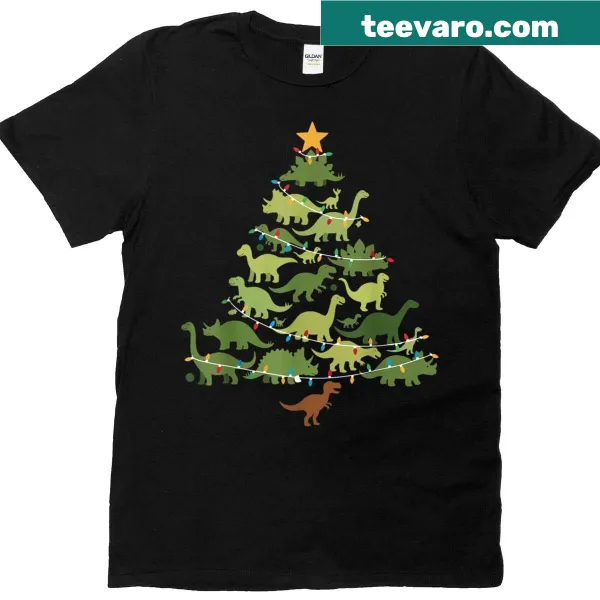 Kids Christmas T-shirt with a dinosaur decorating a tree