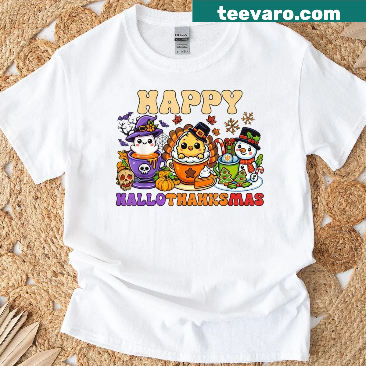 Hallothanksmas T-shirt with whimsical holiday illustrations — on a men's t-shirt