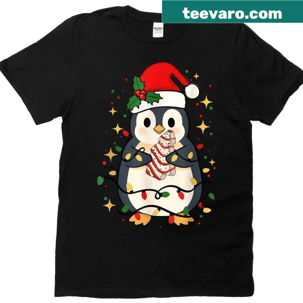Penguin with Christmas tree and cake in a humorous design