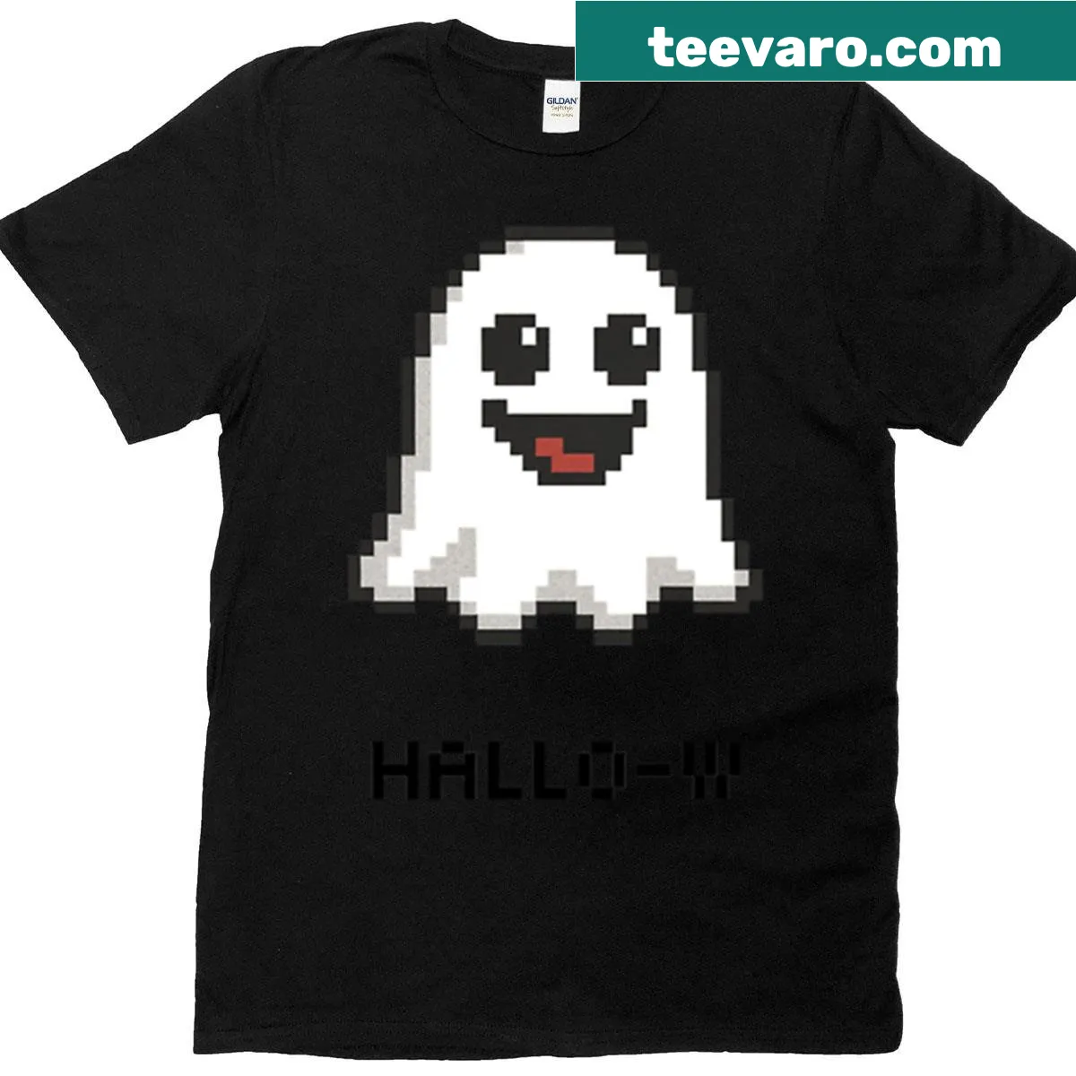 Cute pixel ghost with Hallo-w text Halloween design T-shirt — on a men's t-shirt