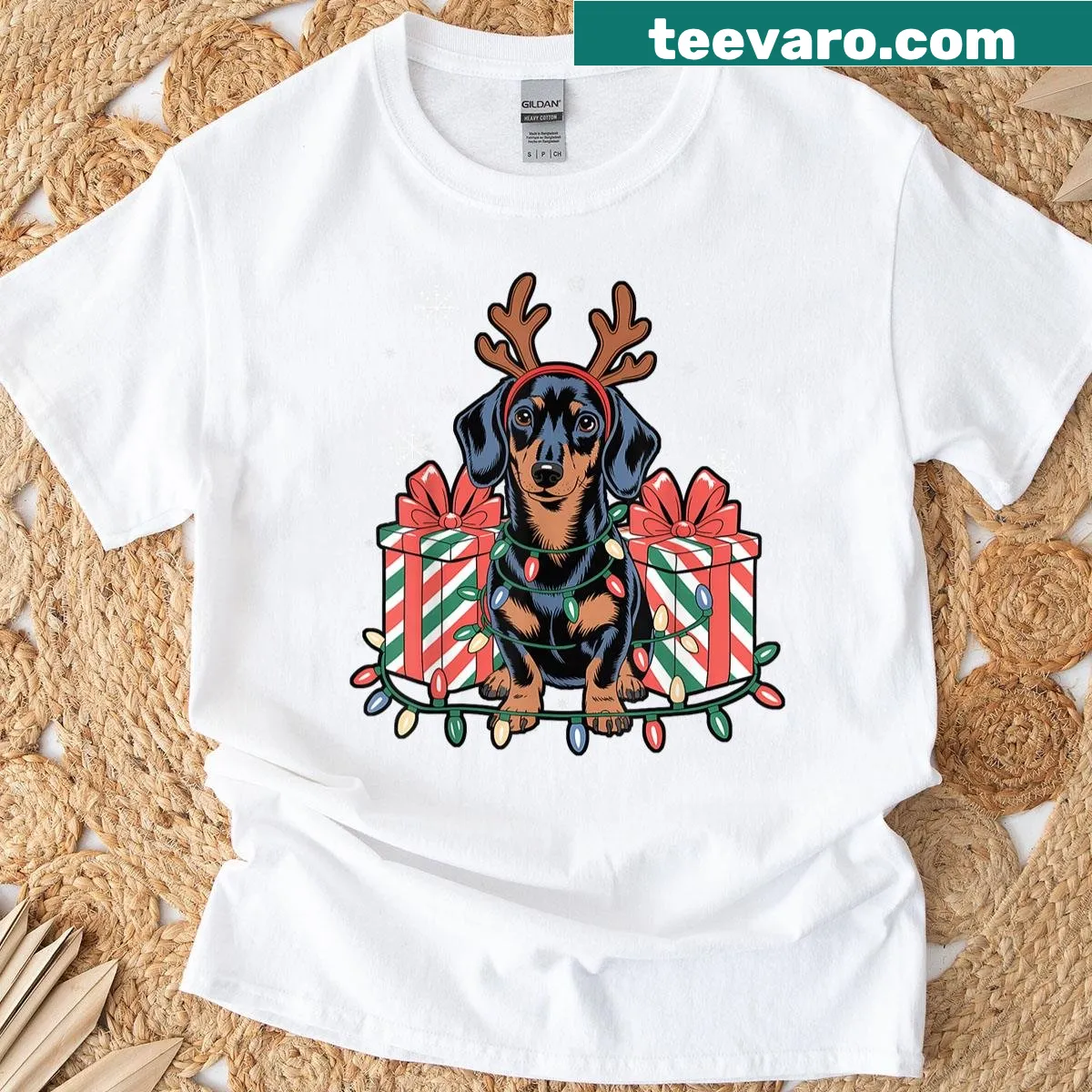Cute dachshund reindeer graphic T-shirt for Christmas — on a men's t-shirt