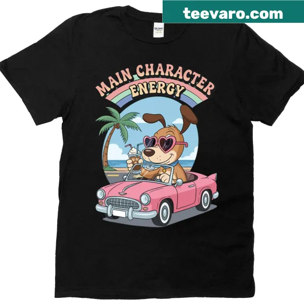 Oversized shirt with a cartoon dog driving a pink car