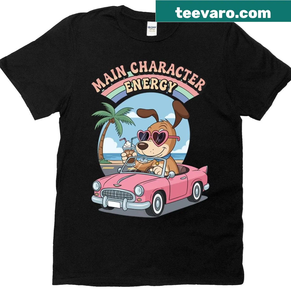 Oversized shirt with a cartoon dog driving a pink car — on a men's t-shirt