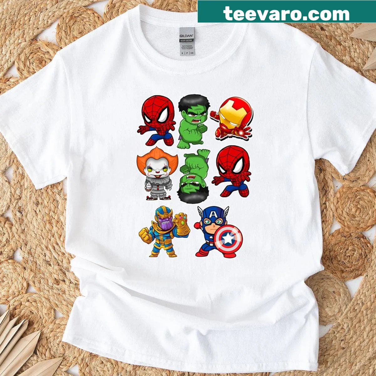 Cute chibi superhero cartoon t-shirt design — on a men's t-shirt