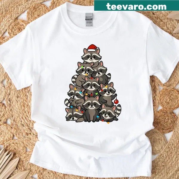 Raccoon in Santa hat among Christmas trees on a humorous T-shirt
