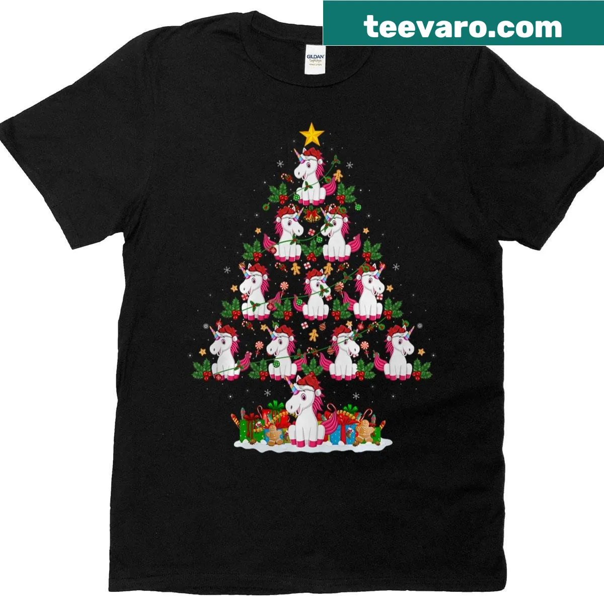 Unicorn among Christmas lights with Santa in a festive design — on a men's t-shirt