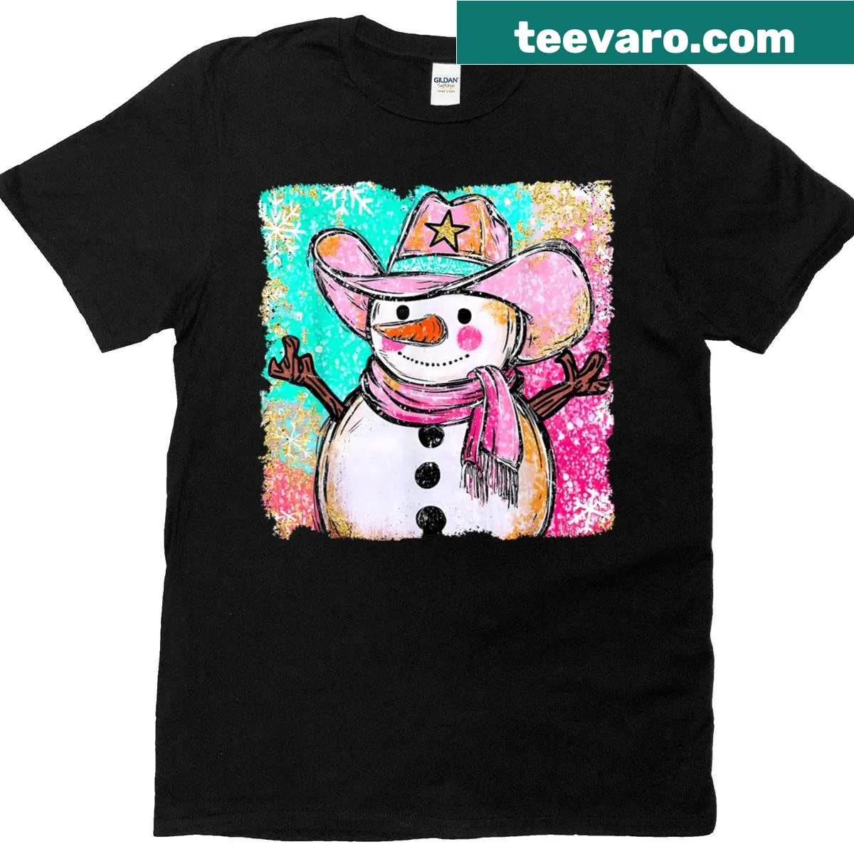 Christmas T-shirt featuring a cowboy-themed snowman design — on a men's t-shirt