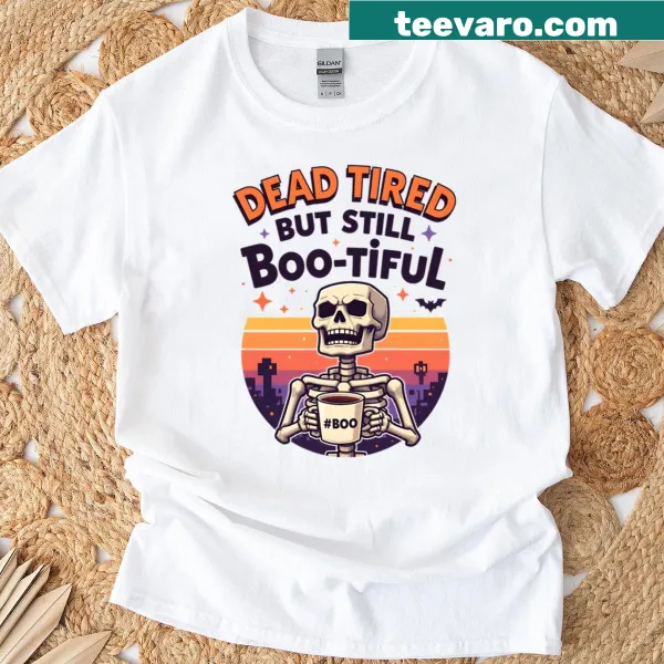 Retro Halloween t-shirt with skeleton and coffee theme