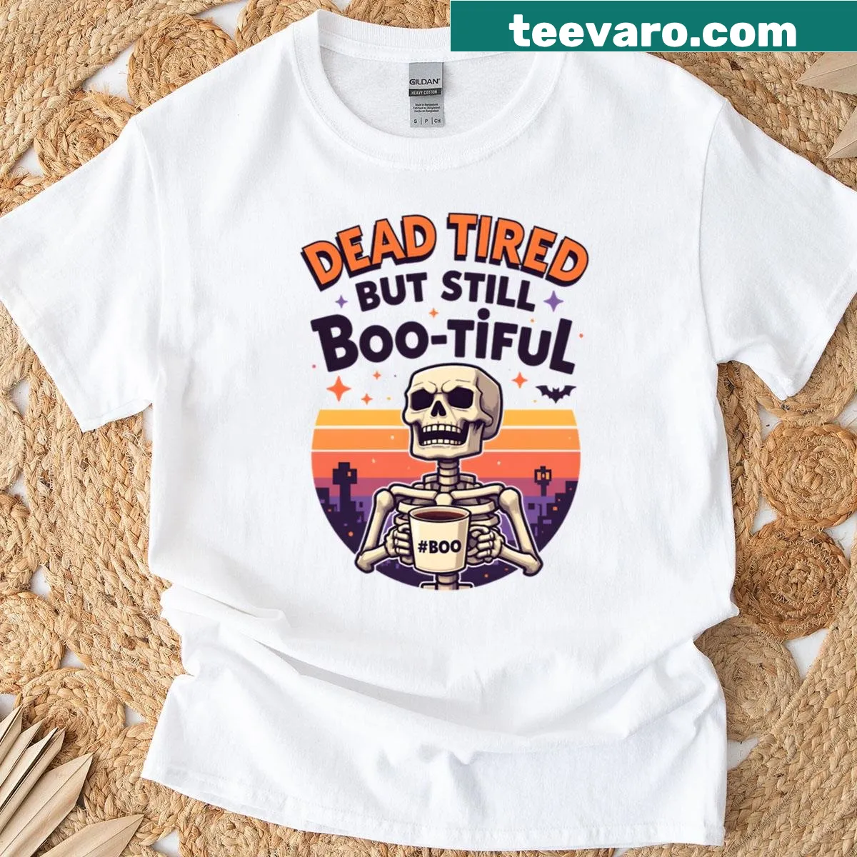 Retro Halloween t-shirt with skeleton and coffee theme — on a men's t-shirt