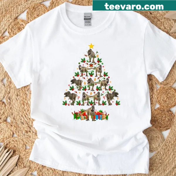 Funny Christmas T-shirt with dinosaur in tree lights and Santa hat