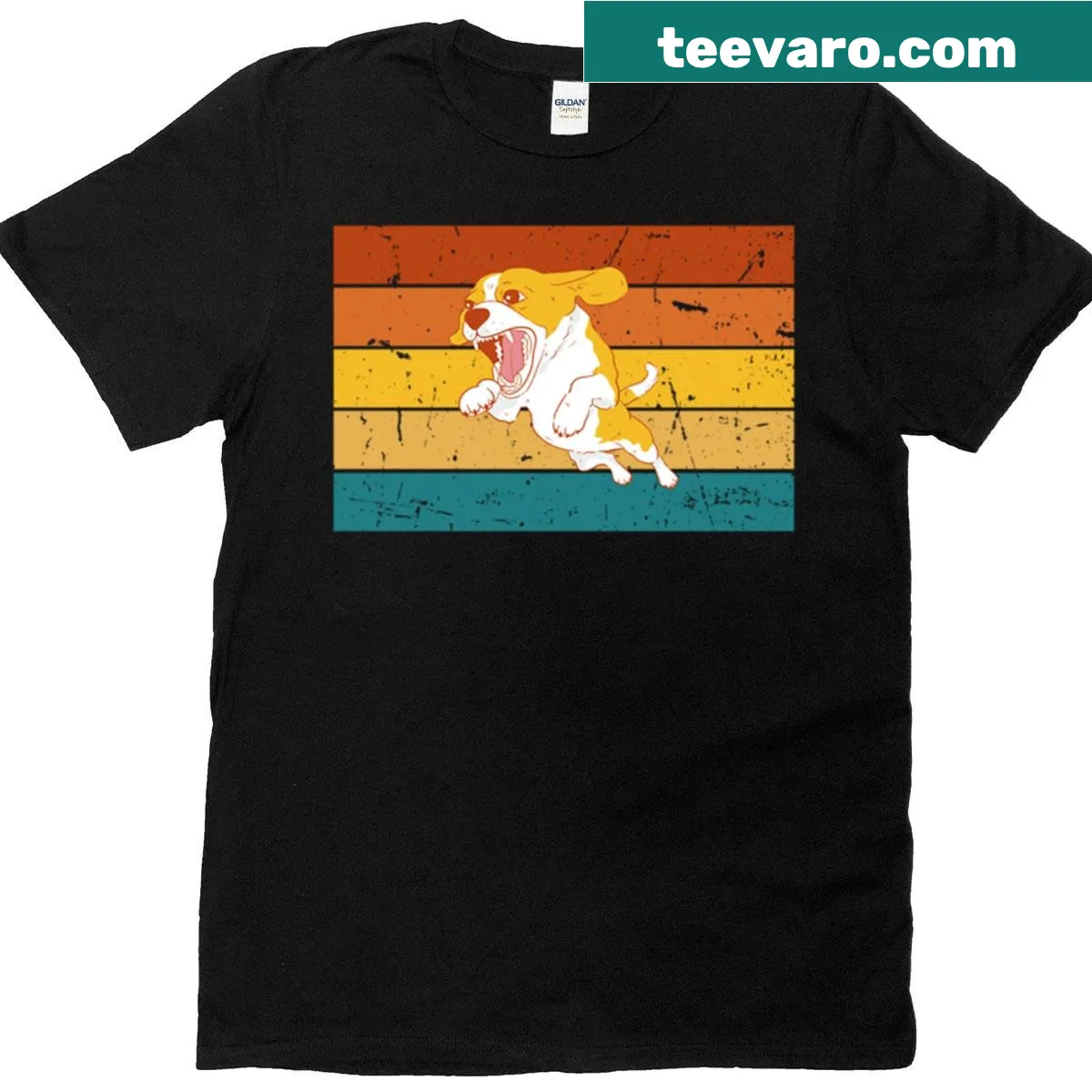Typographic t-shirt for dog lovers with distressed sunset stripes. — on a men's t-shirt