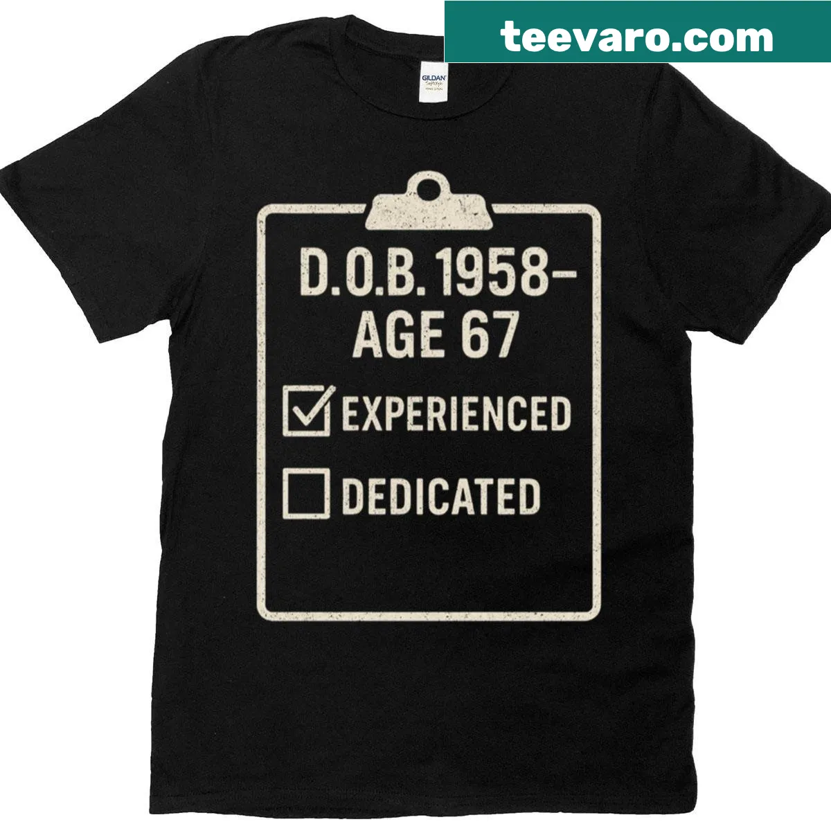 Vintage nurse tee with clipboard design and age details — on a men's t-shirt