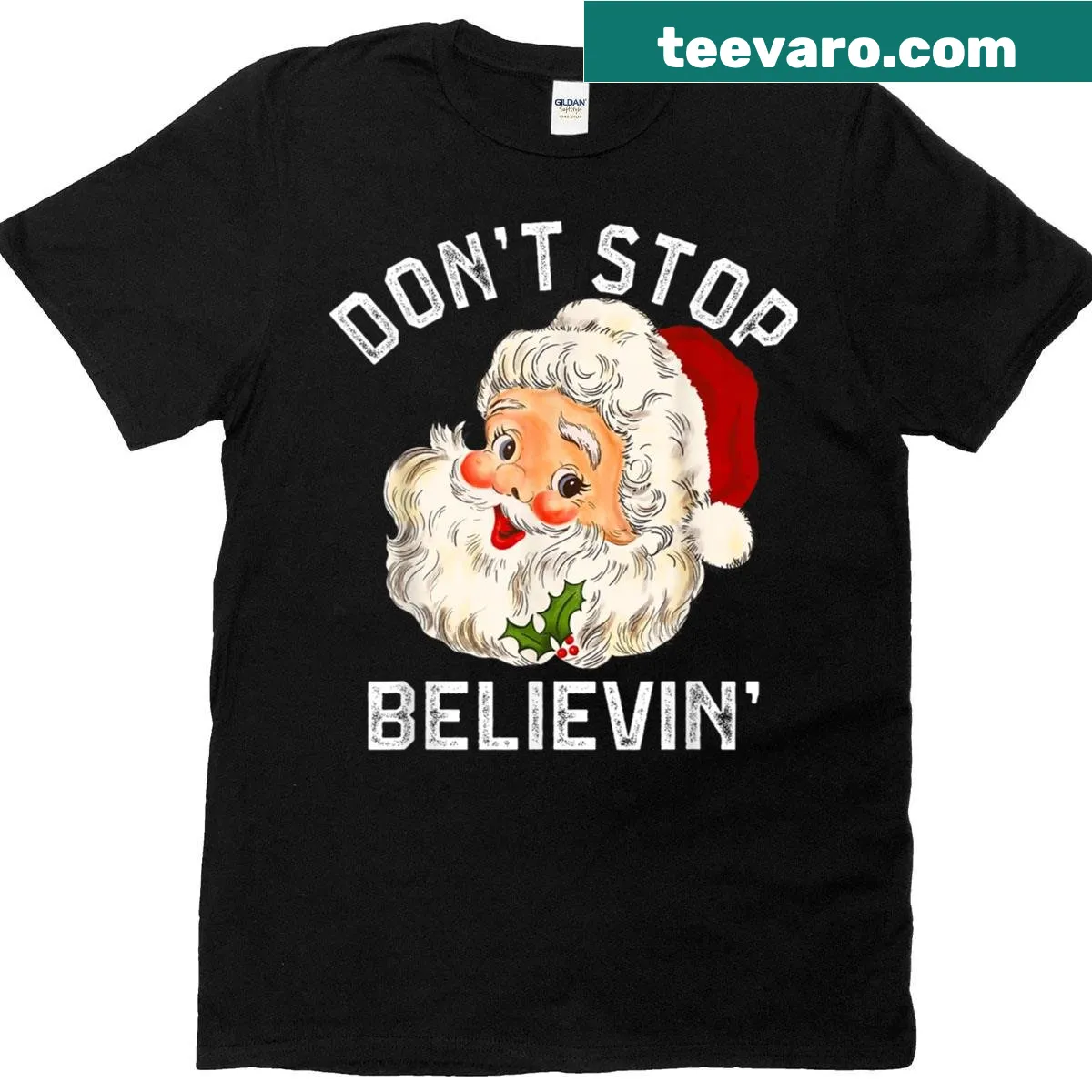Funny Christmas shirt with Santa and 'Don't Stop Believing' text — on a men's t-shirt