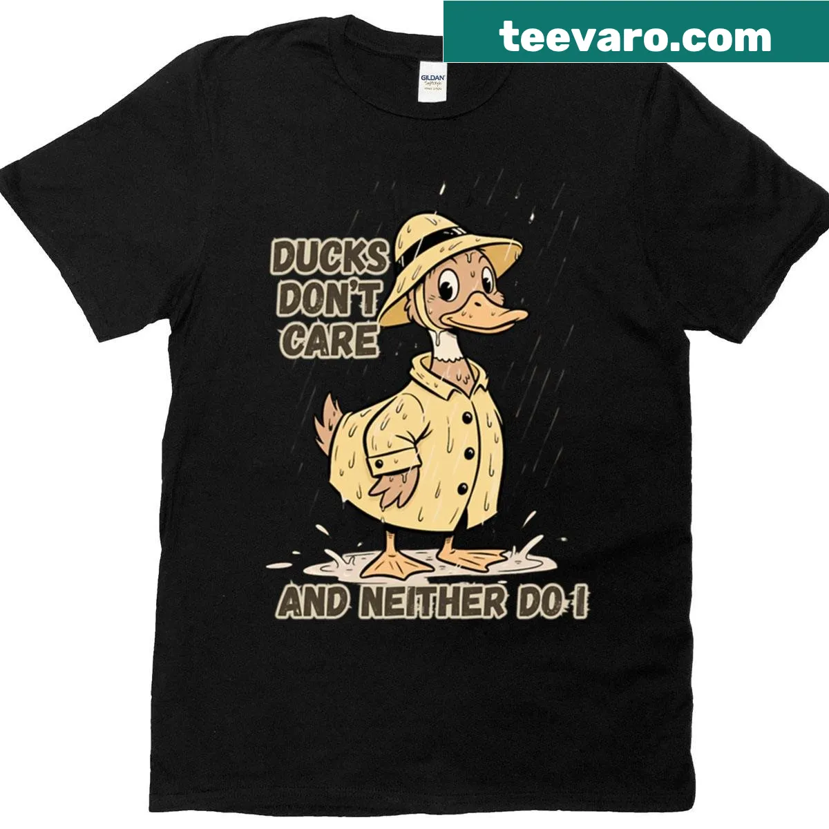 Funny graphic of a chill duck in a raincoat with a humorous quote — on a men's t-shirt