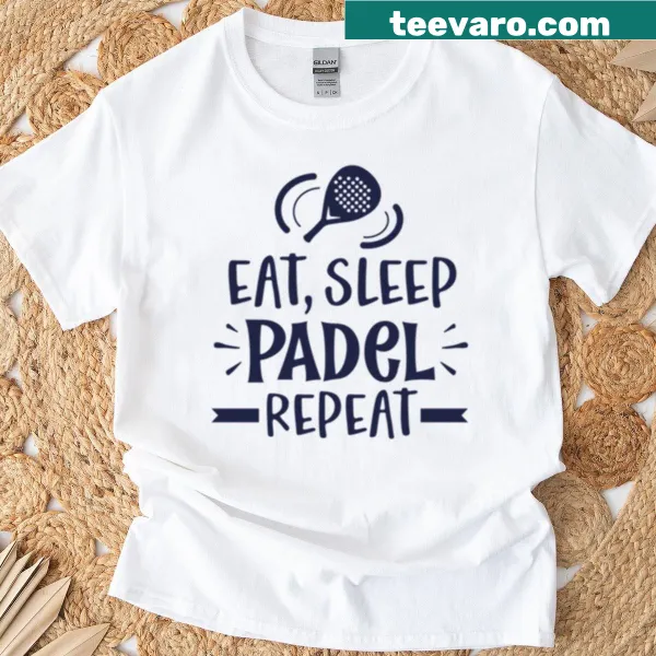 Playful padel t-shirt with 'Eat Sleep Pade Repeat' design
