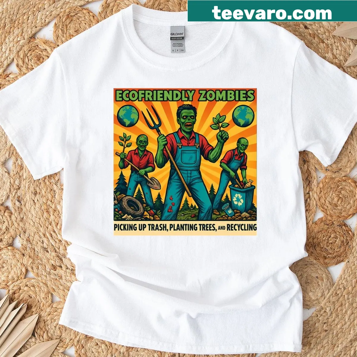 Oversized Ecofriendly Zombies t-shirt featuring humorous zombie graphics. — on a men's t-shirt