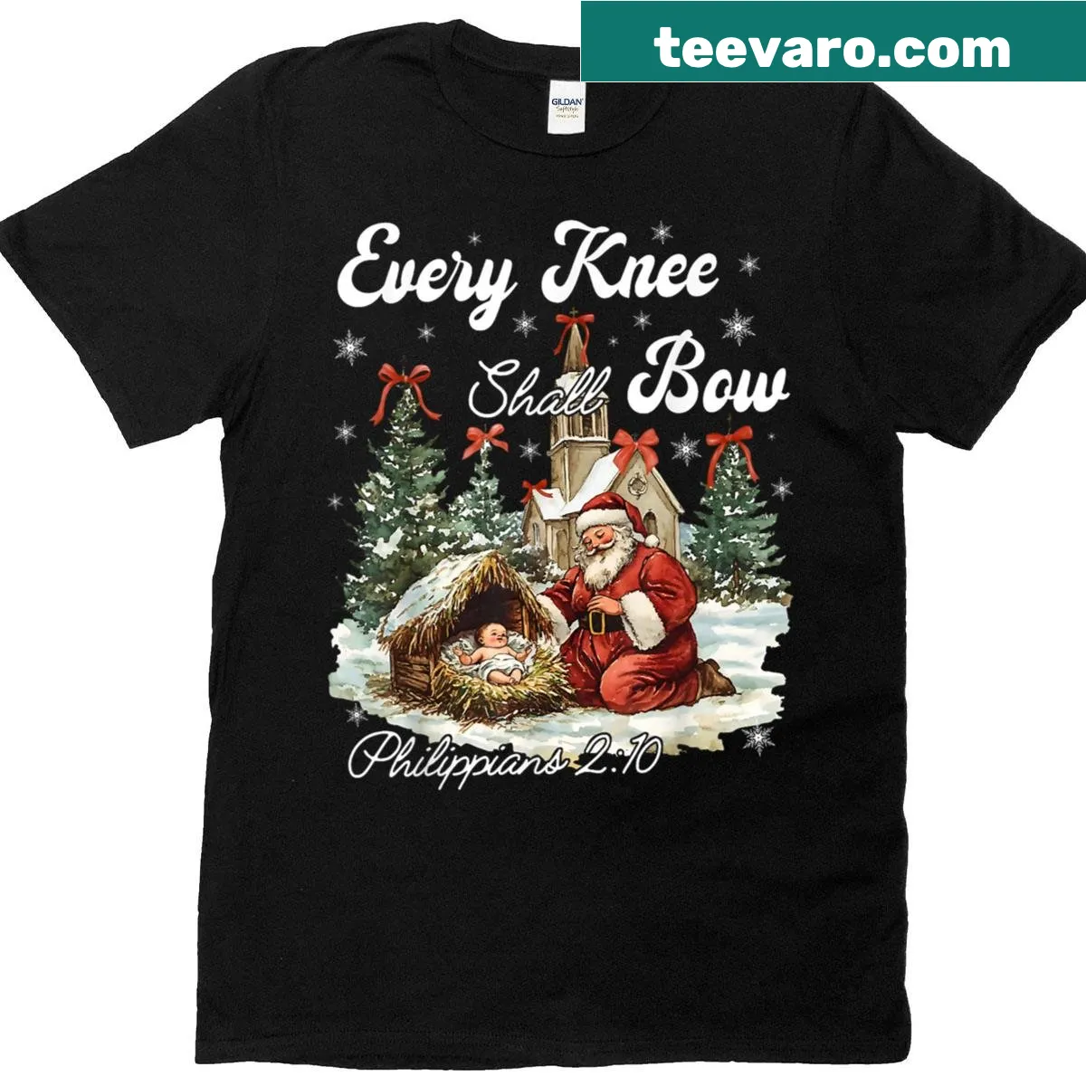 Christmas-themed t-shirt with 'Every Knee Shall Bow' text — on a men's t-shirt