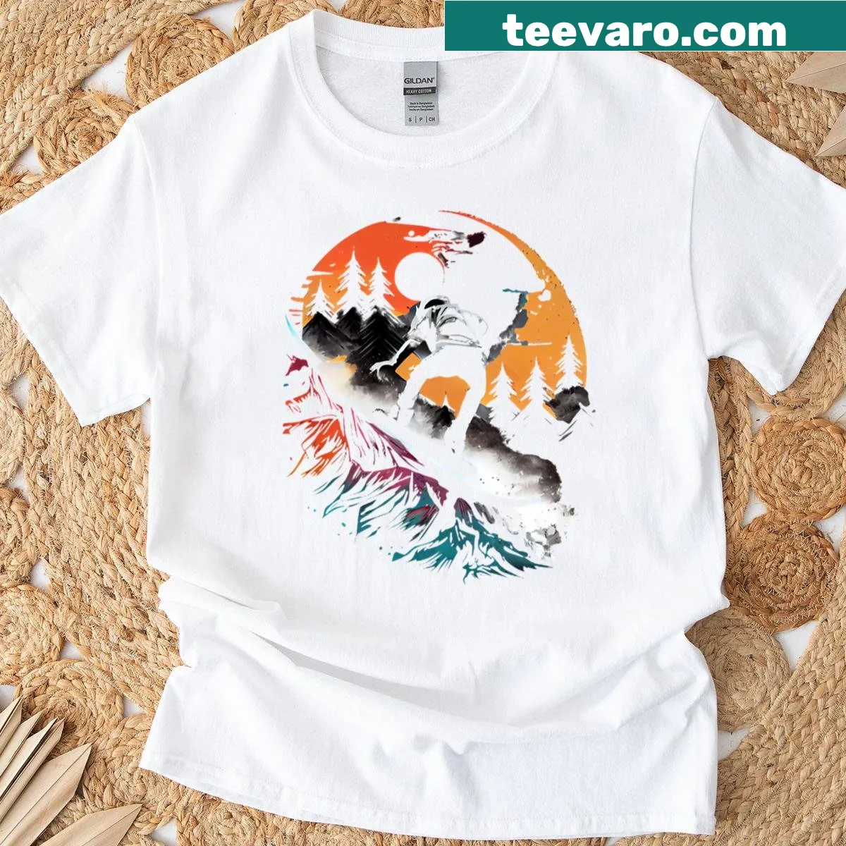T-shirt featuring a graphic design of extreme sports activities — on a men's t-shirt