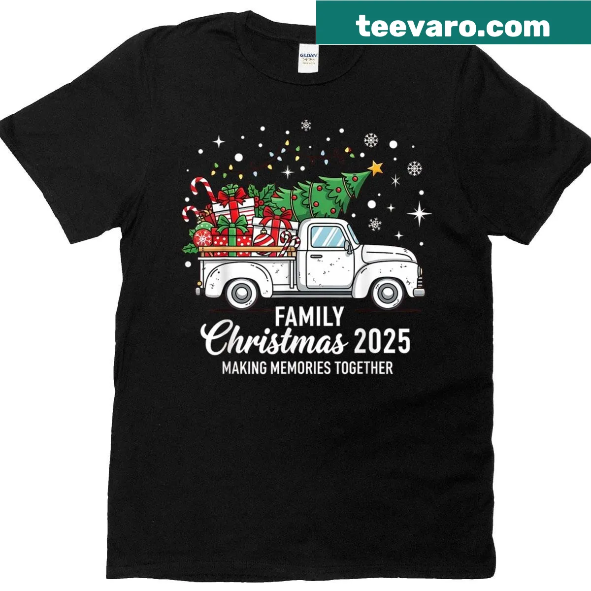 Vintage truck carrying Christmas tree on T-shirt — on a men's t-shirt