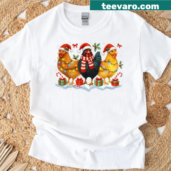 Cute Christmas t-shirt featuring a chicken with Christmas lights.