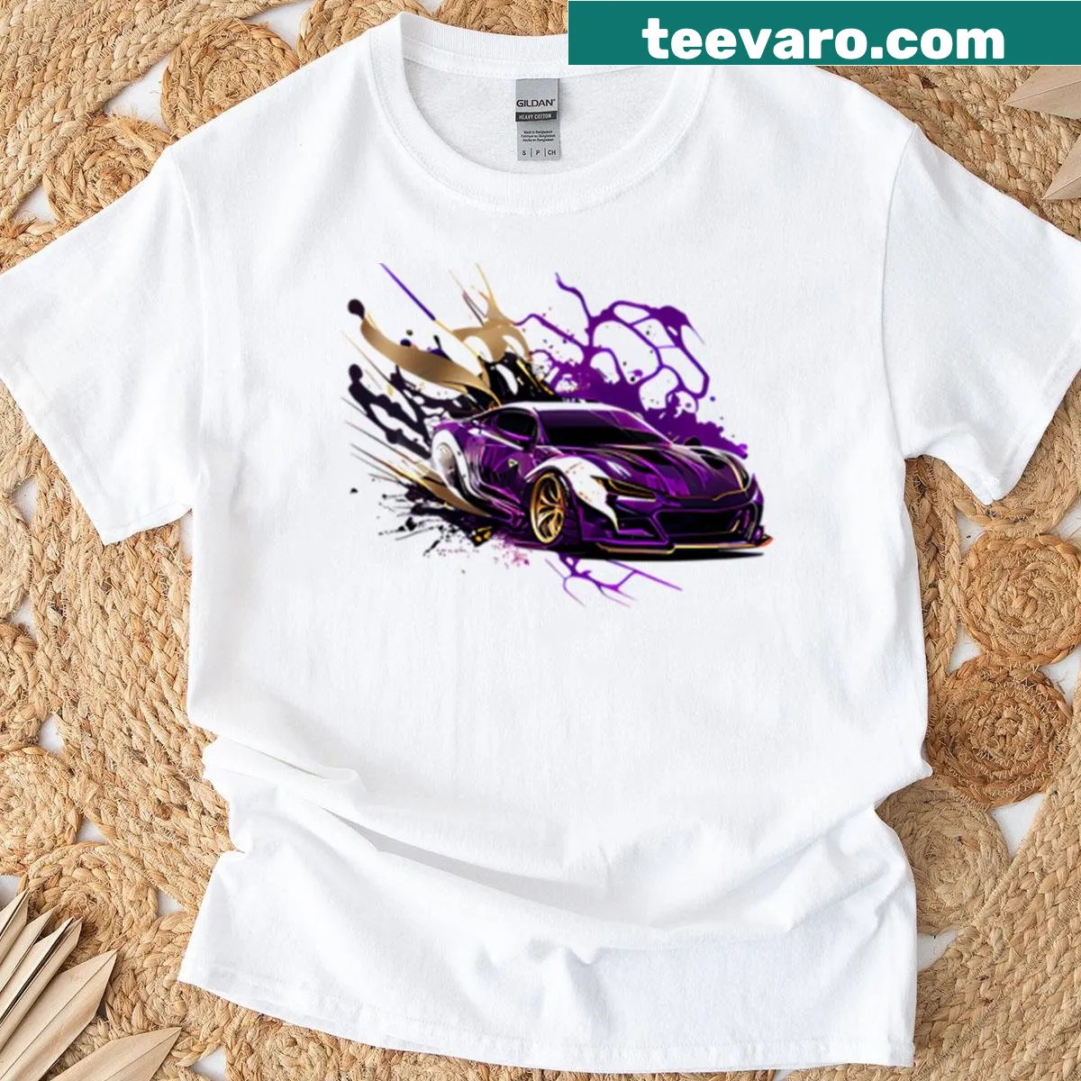 Illustration of a fast sports car in purple, black, and gold on an oversized t-shirt — on a men's t-shirt