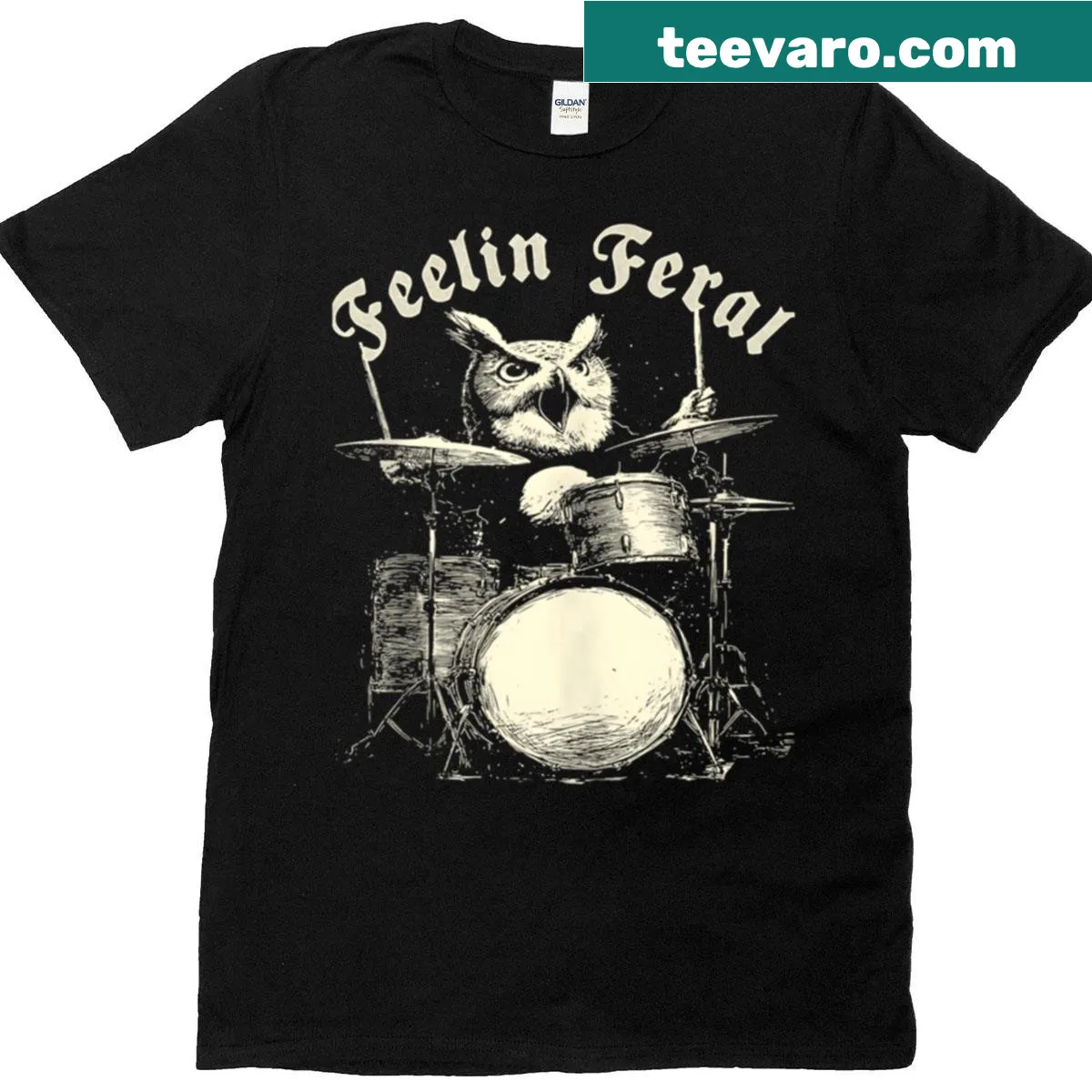 Vintage owl playing drums T-shirt design — on a men's t-shirt
