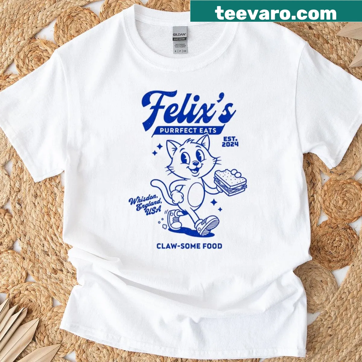 Retro Felix the Cat graphic with sandwich design on oversized shirt — on a men's t-shirt