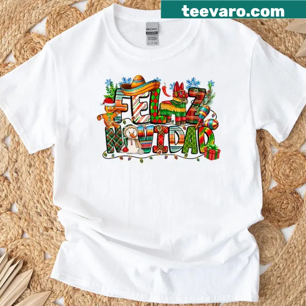 Funny Feliz Navidad Christmas t-shirt with playful typography
