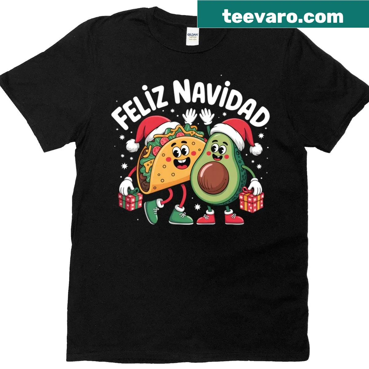 Funny Christmas T-shirt with taco and avocado design and 'Feliz Navidad' text — on a men's t-shirt