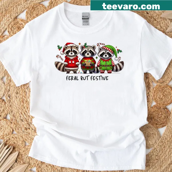 Cute raccoon in Santa hat and elf costume for Christmas t-shirt