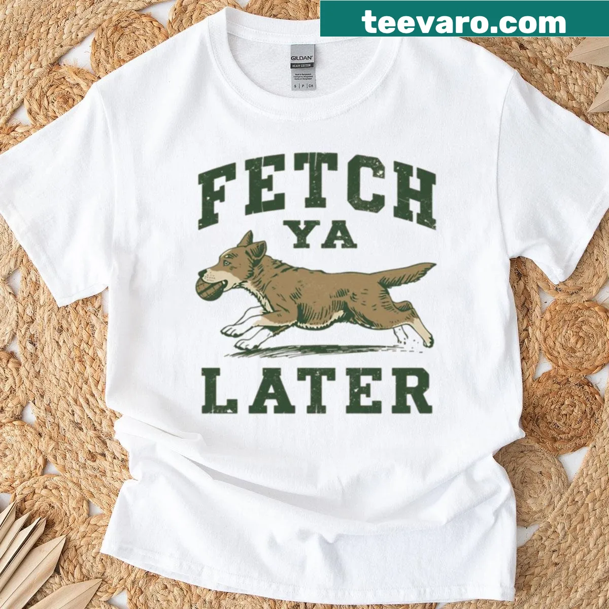 Funny dog pun T-shirt with the phrase 'Fetch Ya Later' — on a men's t-shirt