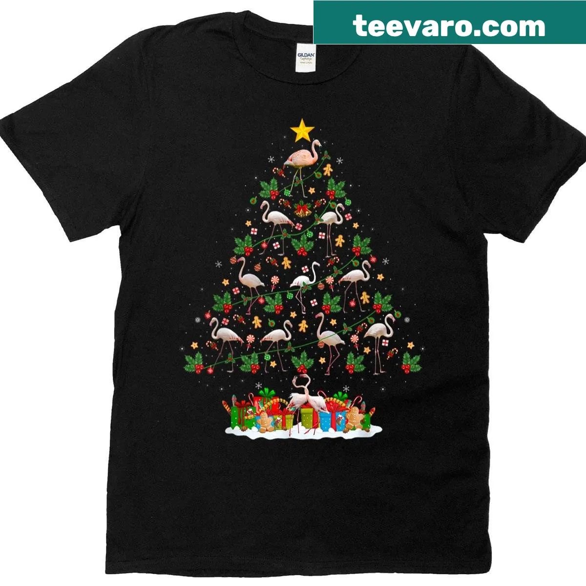 Funny Christmas T-shirt with flamingos and Santa — on a men's t-shirt