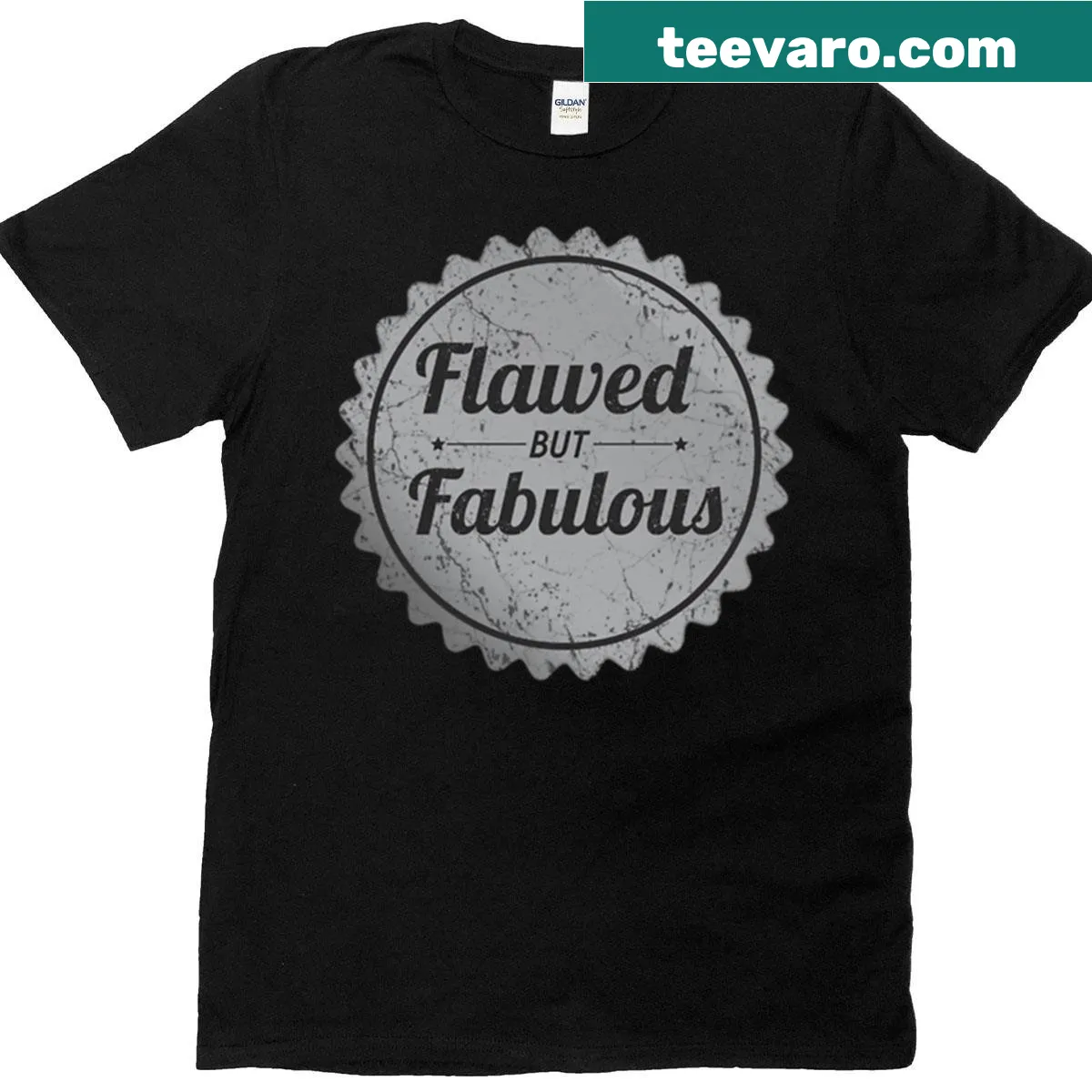 Vintage Metallic T-shirt with 'Flawed But Fabulous' sticker design — on a men's t-shirt
