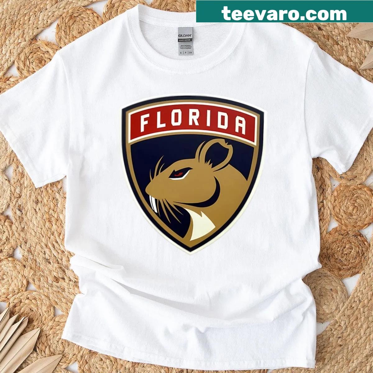 Graphic tee featuring Florida Panthers team mascot with bold text — on a men's t-shirt