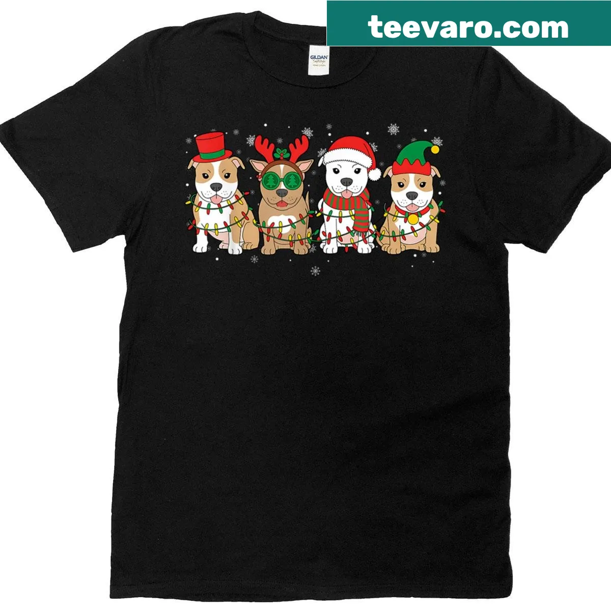 Cartoon Christmas shirt with four pitbull dogs in Santa and reindeer outfits — on a men's t-shirt