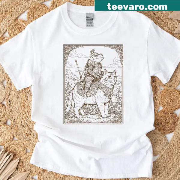 Medieval linocut style T-shirt with a frog on a cat design