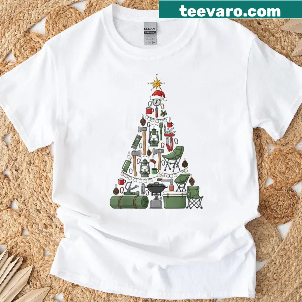 Christmas camping T-shirt featuring tree lights and camping elements