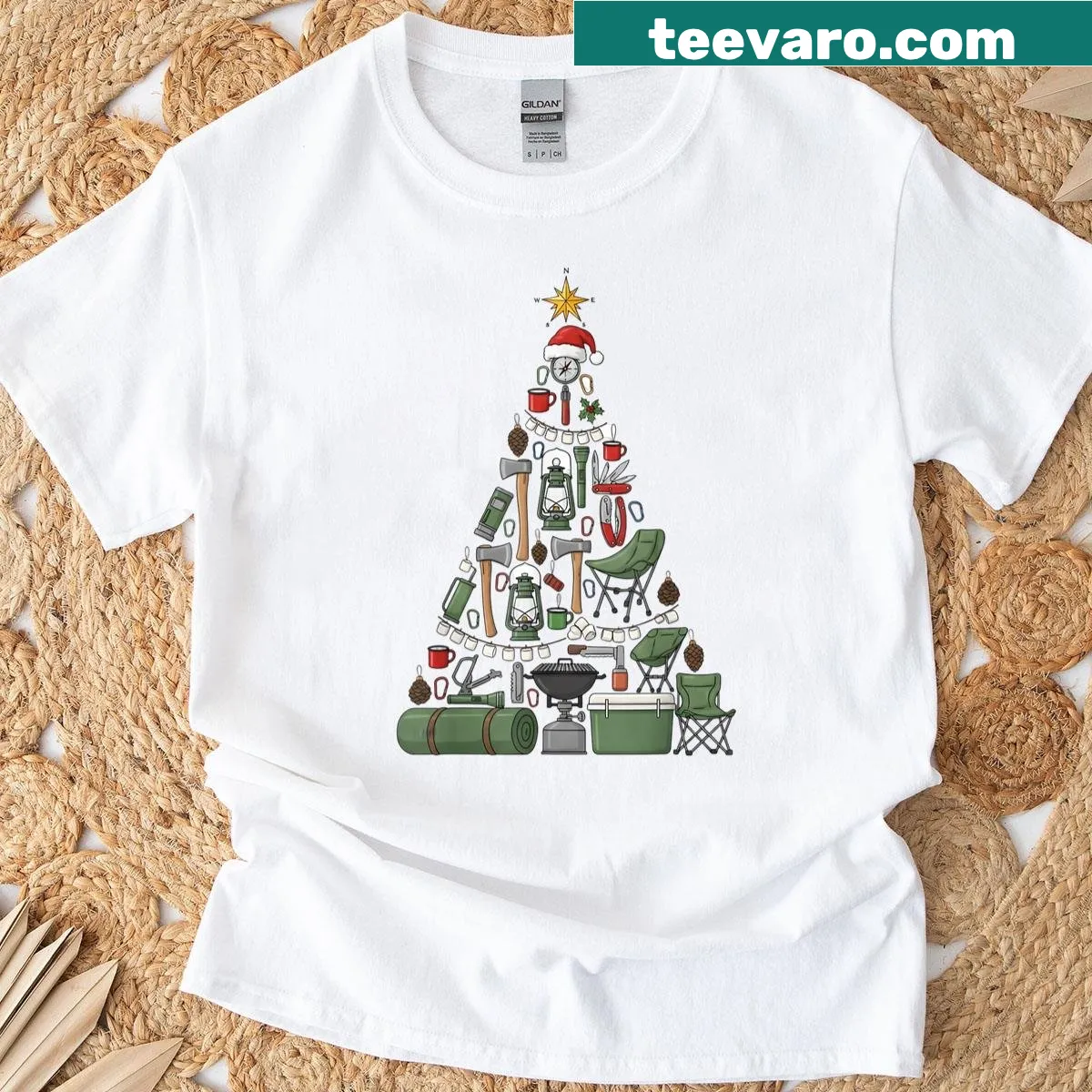 Christmas camping T-shirt featuring tree lights and camping elements — on a men's t-shirt