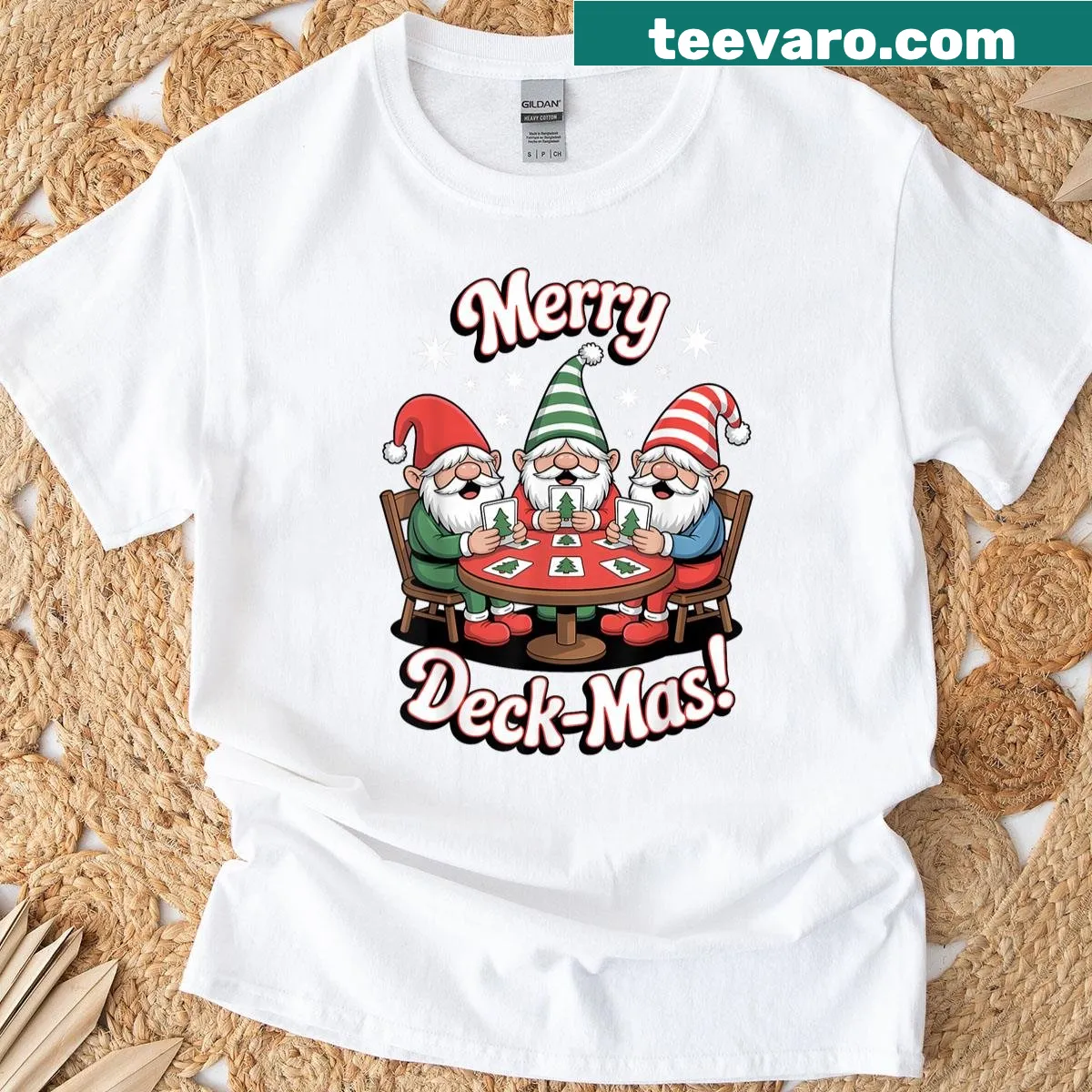 Funny Christmas t-shirt featuring a gnome and card game pun. — on a men's t-shirt