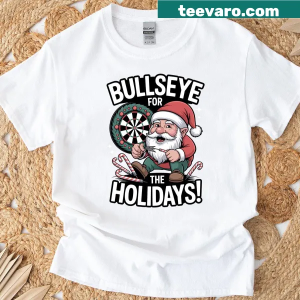 Funny Christmas t-shirt featuring a dart gnome design.
