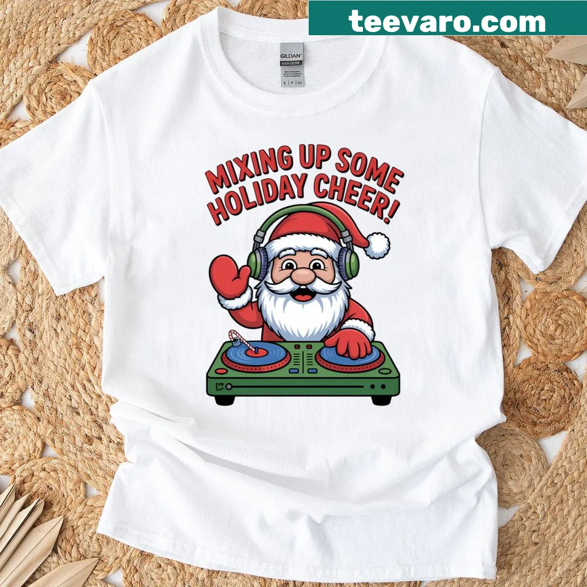 Funny DJ gnome Christmas t-shirt design with festive elements — on a men's t-shirt